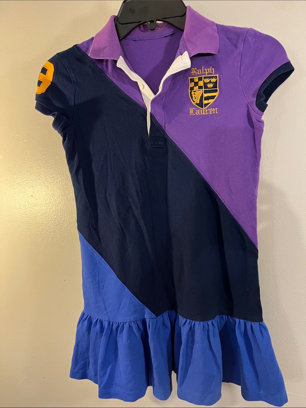 Ralph Lauren Girls' Diagonal Colorblock Polo Dress - Purple, Navy & Blue